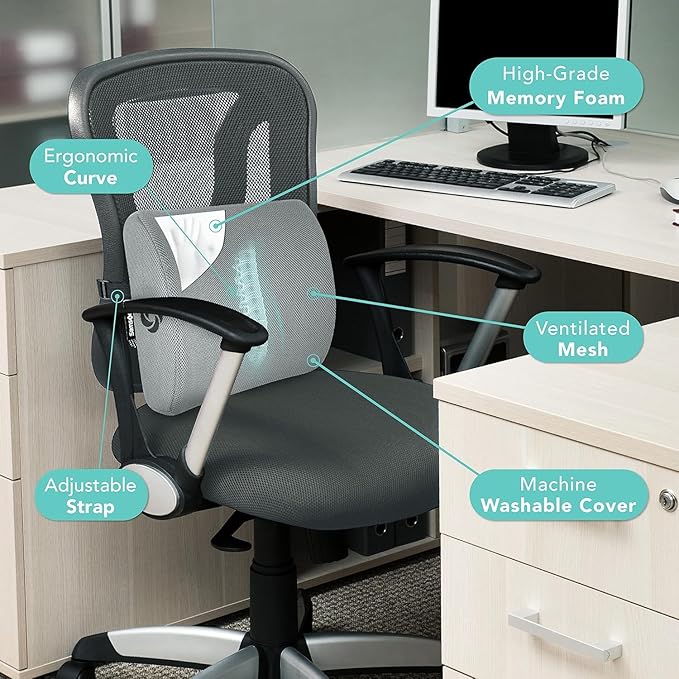 Samsonite Ergonomic Lumbar Support Pillow for Office Chair, Gaming Chair, or Car, Memory Foam Cushion with Ventilated Mesh and Adjustable Strap, Gray