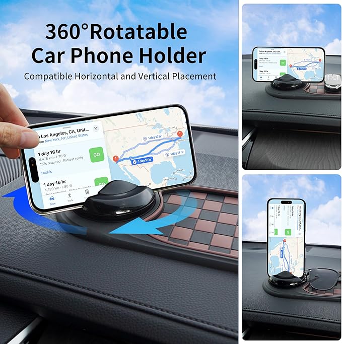 Universal Anti-Slip Car Dashboard Mat with 360° Rotating Phone Holder – Multi-Functional Organizer Pad for Phones, Sunglasses, Keys, and Daily Essentials (Gray Black)