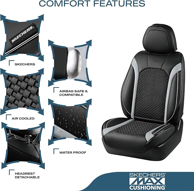 Skechers MAX Cushioning Car Seat Covers,Memory Foam Leather Seat Covers, Air Cooled Car Seat Cover Front Seats,Car Seat Cushion Airbag Universal Fit for Most Cars,Vans,Trucks,SUV,Grey