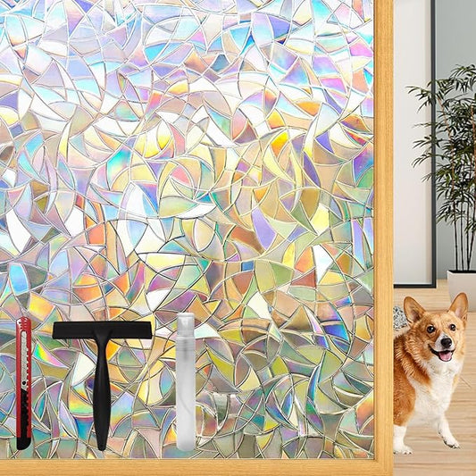 Rainbow Window Privacy Film, 3D Decorative Vinyl, Stained Glass Decals, Removable, Peep-Proof, Static Cling, with Installation Tools (17.5 x 157.5 Inch)