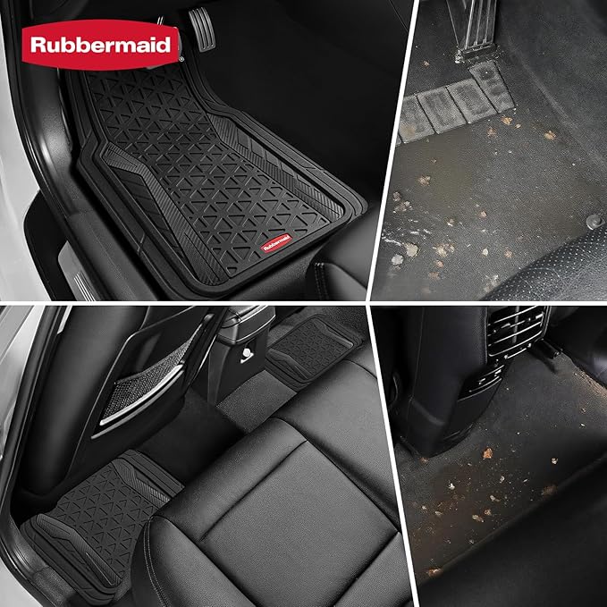 Rubbermaid Car Floor Mats Full Set, Premium Heavy Duty All-Weather Car Mats– Rugged Rubber with Brushed Aluminum Inserts, Universal Trim-to-Fit, Anti-Slip Backing for Cars, SUVs, Trucks & Vans - Black