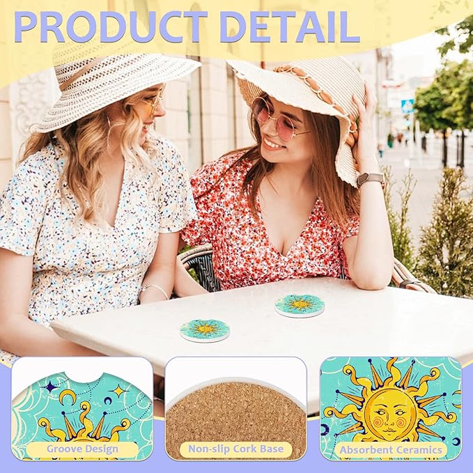 2 Pack Car Cup Holder Coaster-Boho Sun Moon Absorbent Ceramic Coaster, Car Coasters for Cup Holders,Auto Accessories for Women & Men