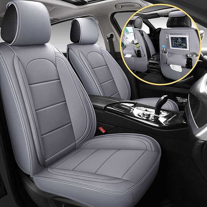 AOOG Leather Car Seat Covers with Car Backseat Organizer, Universal fit Automotive Vehicle Most Sedan SUV Pick-up Truck (Full Set, Grey)