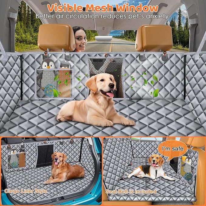 URPOWER Dog Car Seat Cover for Back Seat, Waterproof Hard Bottom Dog Car Hammock with Mesh Window & Side Flap, Pet Backseat Protector for Car, SUV, Truck