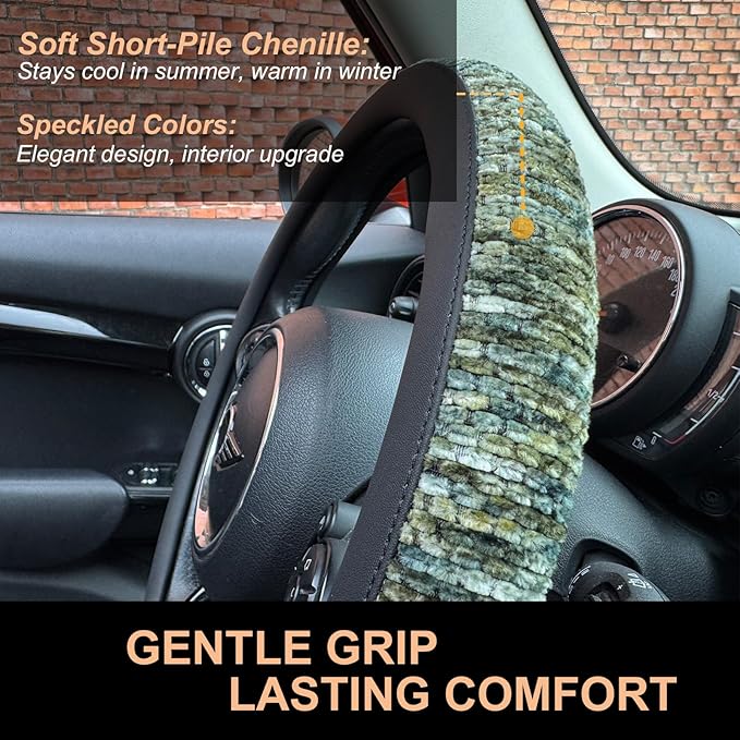 PINCTROT Chenille Leather Steering Wheel Cover, Soft Mottled Colors, Sweat-Proof, Non-Slip Grip, All-Season Comfort, Universal 14.5-15 Inch(Mottled Green)