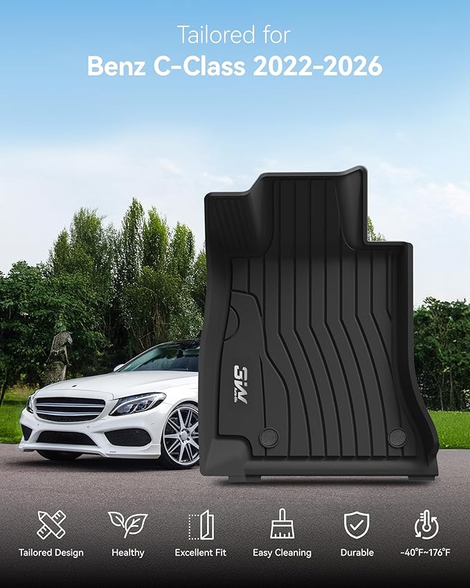 3W Floor Mats for Benz C-Class 2022-2026 C300/C43 AMG/C63 AMG S/C63 AMG S E (Sedan Only), TPE All Weather Custom Fit Floor Liner for Benz C Class, 1st & 2nd Row Car Mats, Black