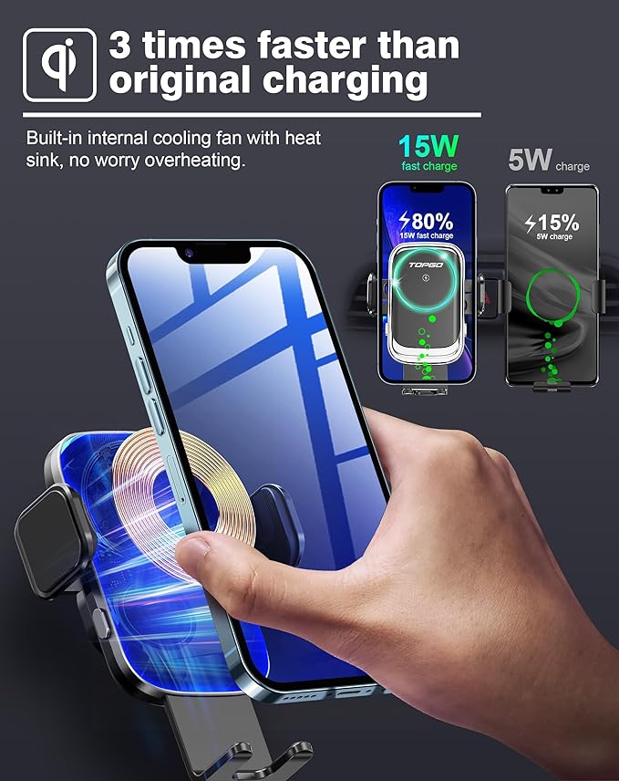 TOPGO [Upgraded Cup Phone Mount Wireless Charger, Universal Cell Phone Holder Car Charger Wireless Charger Cup Phone Holder Fast Charging for iPhone17 Pro Max, Samsung Galaxy - Black