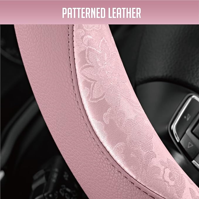 PIC AUTO Steering Wheel Cover, Pink Patterned Leather Patchwork Design, Universal Fit 14.5"–15.5", Anti-Slip, Odor-Free, Soft PU Grain Leather, Durable Grip Car Accessory for Girls & Women