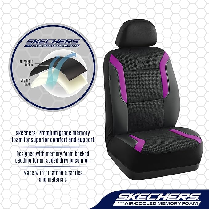 Skechers Memory Foam™ Car Seat Covers, Air Cool Mesh Thick Seat Covers, Car Seat Full Sets, Airbag Compatible, Automotive Comfort Protection for Most Cars,Vans,Trucks, SUVs,Purple