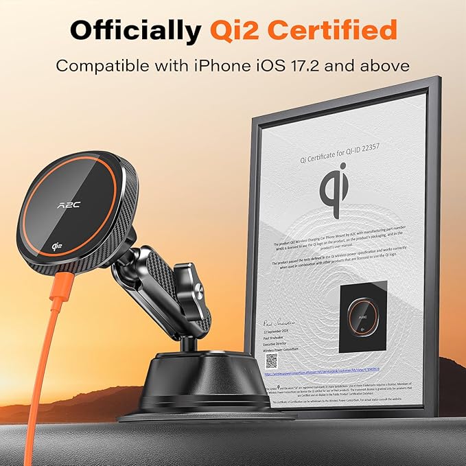 A2C Qi2 15W Wireless Charger for MagSafe Car Mount Charger Magnetic Suction Cup Phone Holder for iPhone 17/16/15/14/13/12, Adjustable Aluminum Alloy Arm, Windshield/Dashboard, Fast Charging