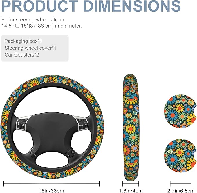 Vintage Groovy Boho Floral Car Steering Wheel Cover for Women Men with 2 Pcs Car Coasters,Universal 15 Inch Steering Wheel Covers Anti-Slip and Practical Auto Accessories Fit Auto,Suvs