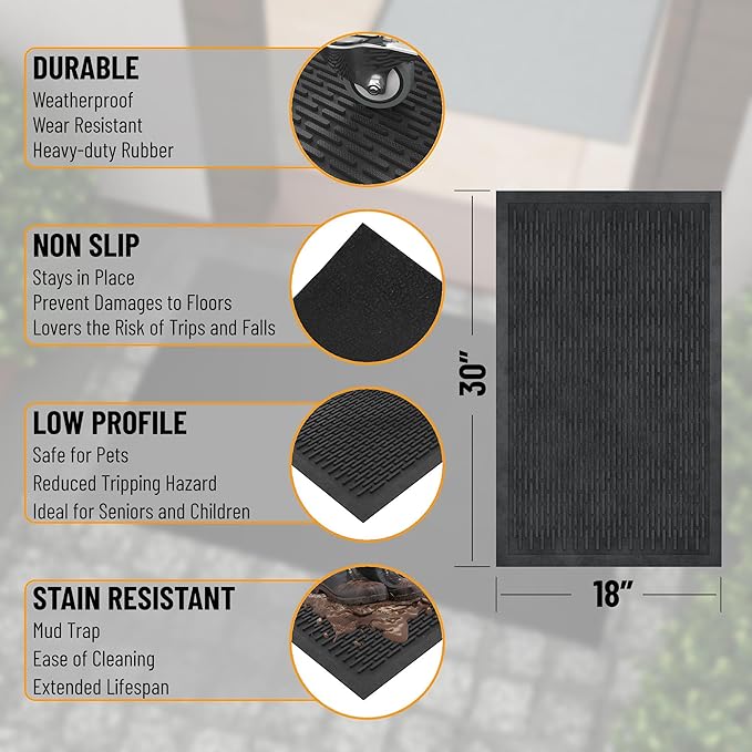 Ottomanson Heavy Duty Rubber Floor Mat – Non-Slip, Waterproof, Easy to Clean – Utility Rug for Entryway, Kitchen, Garage, or Patio – Stain Resistant, Hose Washable – 18" x 30", Black