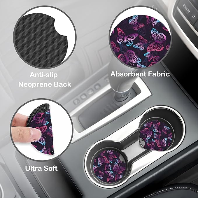 Purple Butterflies Steering Wheel Cover for Women, Anti-Slip Car Steering Wheel Cover with 2 Pcs Cup Holders Neoprene Breathable Car Accessories Universal 15 Inch Auto Interior Decor