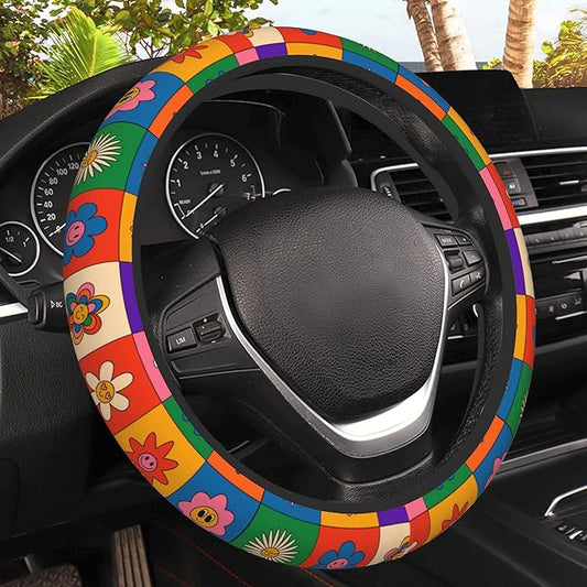 Abstract Groovy Flowers Steering Wheel Covers Universal 15 Inch Car Wheel Cover,Anti-Slip Breathable Car Accessories Protector Fit for Trucks,Sedans,SUVs,Vans