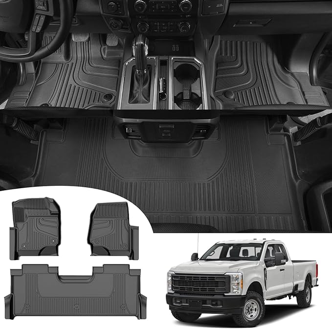 AOMSAZTO Floor Mats for 2017-2025 Ford F-250/F-350/F-450/F-550 SuperCrew Cab - 1st and 2nd Row All Weather Floor Liners for F250 / F350 / F450 / F550 SuperDuty Crew Cab with Storage Box