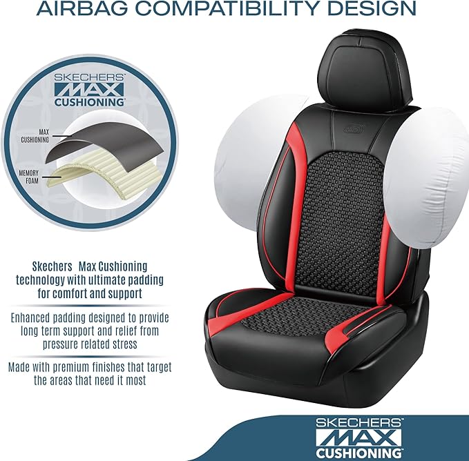 Skechers MAX Cushioning Car Seat Covers,Memory Foam Leather Seat Covers, Air Cooled Car Seat Cover Front Seats,Car Seat Cushion Airbag Universal Fit for Most Cars,Vans,Trucks,SUV,Red