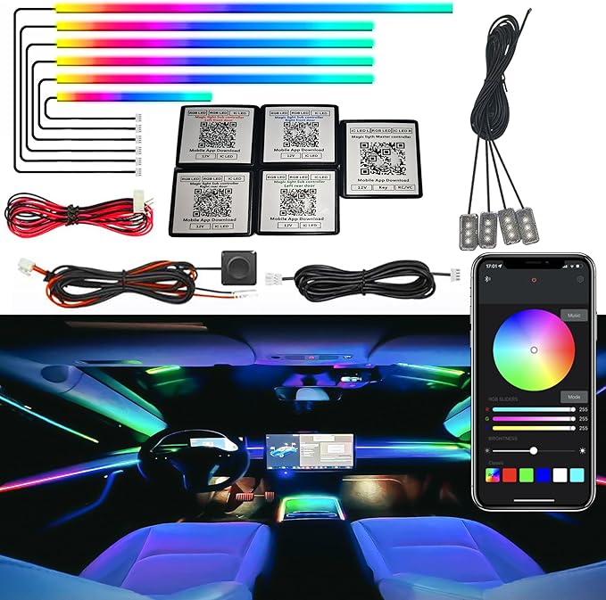 Dreamcolor Acrylic Interior Car LED Strip Light, RGB 10 in 1 Fiber Optic Ambient Lighting Kits, 16 Million Colors Sound Active Function Car Neon Lights with Wireless APP