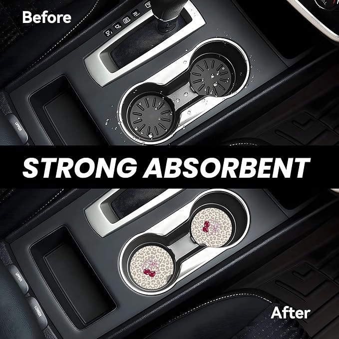 Absorbent Car Coasters for Cup Holders, 2 Pack Universal Anti Slip Ceramic Cup Coaster for Women Men 2.56 Inch Car Interior Accessories - Bow Tie Cherry Leopard 008