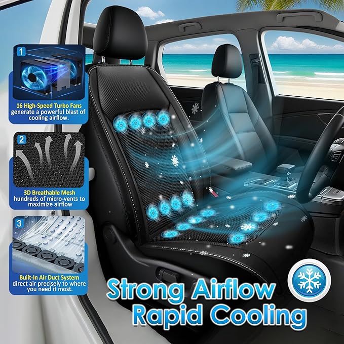 3-in-1 Cooling Car Seat Cover with Massager & Temp Control, Ventilated Seat Cover with 16 Fans, 12V Front Driver Seat Cooler, Summer Cooling Seat Cushion for Car SUV Truck (Black)