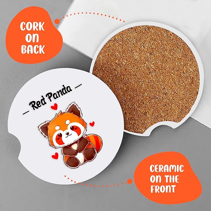 2 Pack Red Panda Car Cup Holder Coaster, Cute Car Interior Accessories Drink Coaster for Women & Men, Red Panda Lovers Themed Gifts Stuff Accessories Things Merchandise Items!