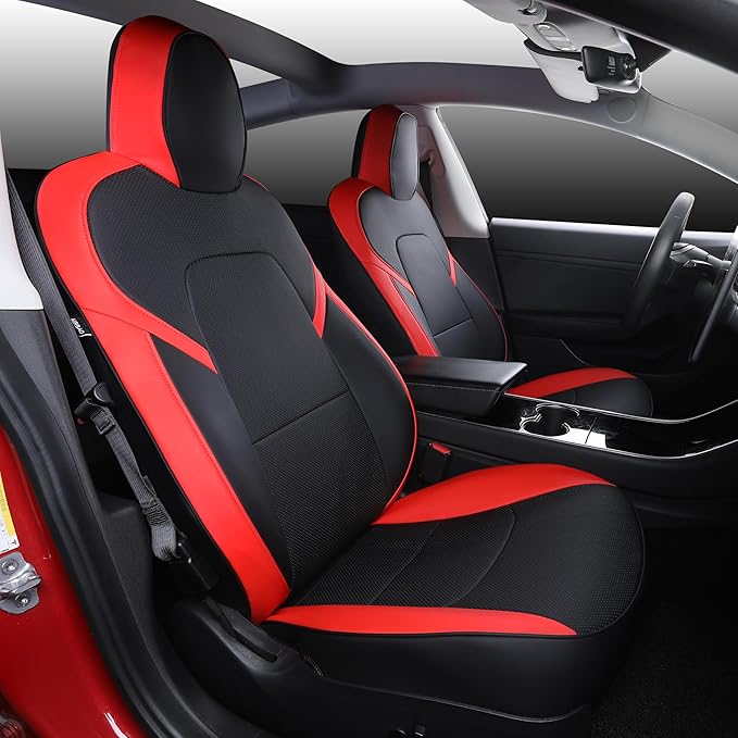 Suitable for Tesla Model 3 Seat Covers, Waterproof Faux Leather Car Seat Covers Full Set forTesla Model 3 2023 2022 2021 2020 2019 2018 2017 (Black+ Red)