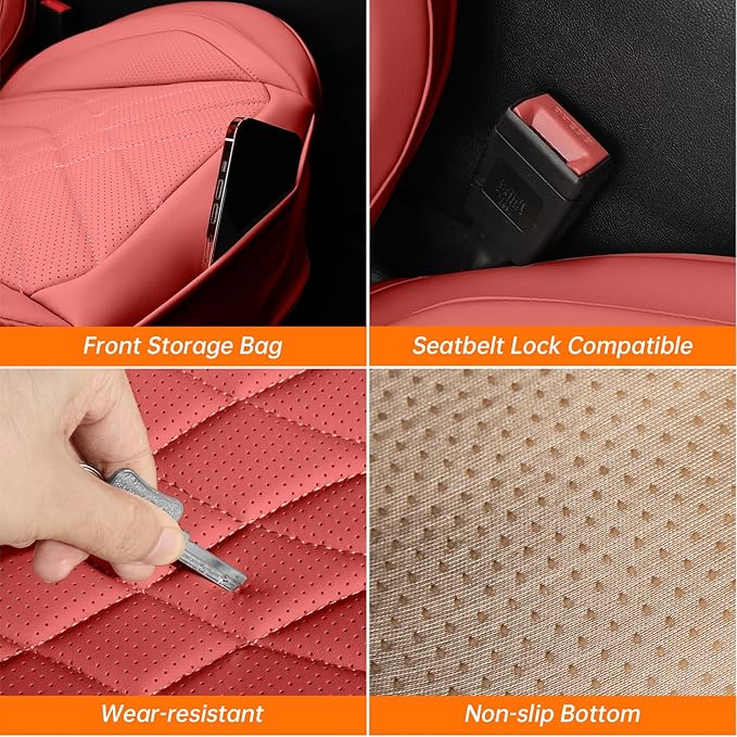 Red Car Seat Covers Full Set, Luxury Faux Leather Waterproof Red Car Seat Covers Front Seats and Back Car Seat Protector Anti-Slip Universal Fit for Most Cars SUVs Trucks Pickups