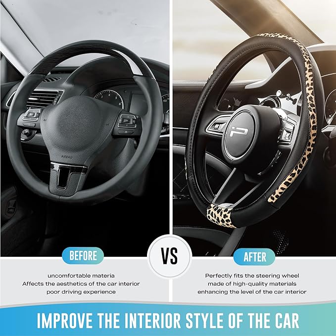 Road Comforts Steering Wheel Cover - Made with PVC Leather and Leopard Fabric - Universal 14 1/2 inches to 15 inches for Most Automotive Steering Wheel - Cheetah Print - Black
