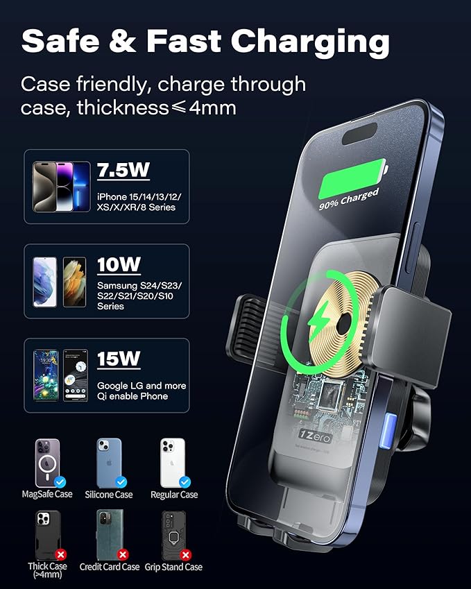 1Zero Auto Clamping Wireless Car Charger Sturdy Cup Phone Holder Mount 15W Fast Charging for iPhone 16 15 Pro Max Plus 14 13 12 11 XS X Samsung S24 Ultra S23 S22 S22 S21 S20 Pixel 8 Pro 7 6 5 4