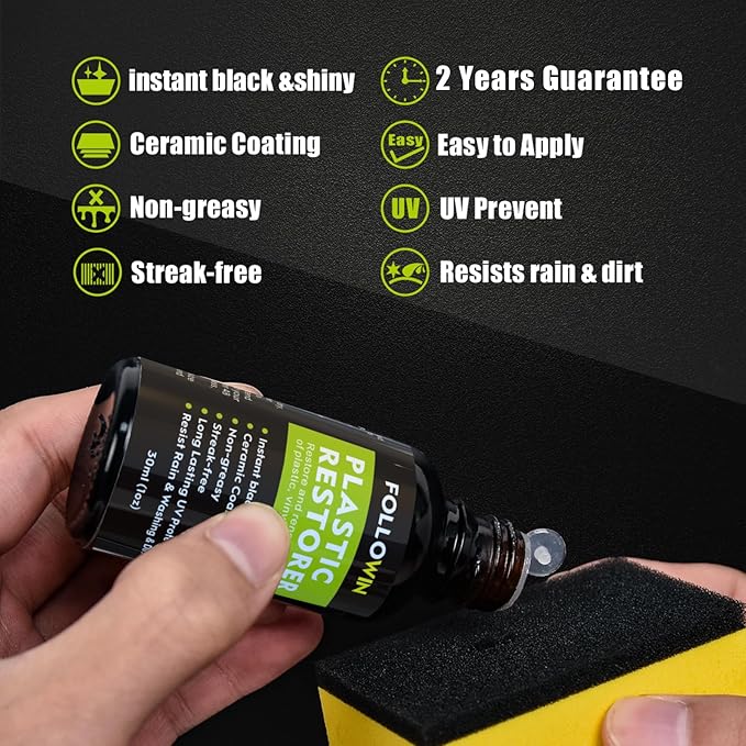 FOLLOWIN Plastic Restorer for Cars - Black Trim Restorer & Ceramic Coating, Resists Water, UV Rays, Dirt, Not a Dressing, Hydrophobic Protection, Highly Concentrated Formula,30ml
