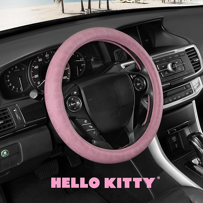 Sanrio Hello Kitty Pink Car Steering Wheel Cover, Universal Fit Cute Car Accessories for Women Stylish Decor Gifts Hello Kitty Accessories - Fits Standard Wheels 14.5"-15"
