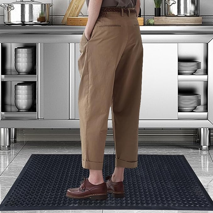 OrangeStar 2 Pack Rubber Floor Mat, 36"x60" Anti-Fatigue Door Mat w/Holes for Restaurant, Kitchen, Bar, Indoor/Outdoor, Black