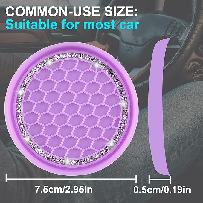 Amooca Car Cup Coaster 4 Pack Universal Non-Slip Cup Holders Insert Coasters Bling Crystal Rhinestone Car Interior Accessories Purple Grid