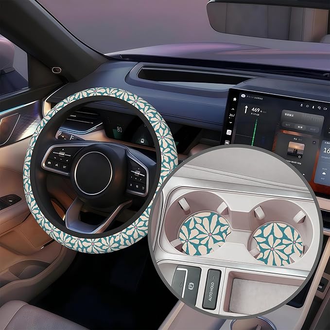 Vintage Blue Flower Steering Wheel Cover for Women, Anti-Slip Car Steering Wheel Cover with 2 Pcs Cup Holders Neoprene Breathable Car Accessories Universal 15 Inch Auto Interior Decor