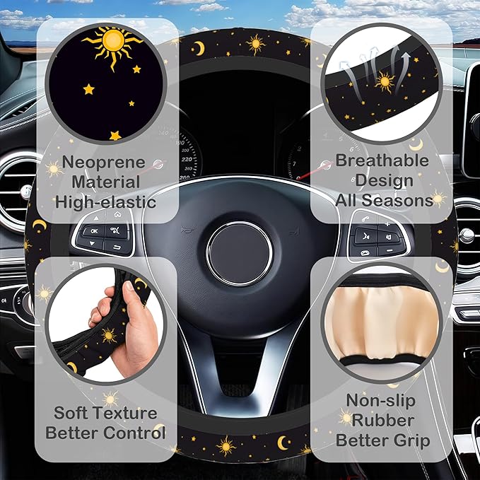 Sun Moon Star Steering Wheel Cover with 2 Pcs Car Coasters Neoprene Steering Wheel Cover for Women Men Anti-Slip Breathable Car Accessories Universal 15 Inch Fit Auto Cars Trucks