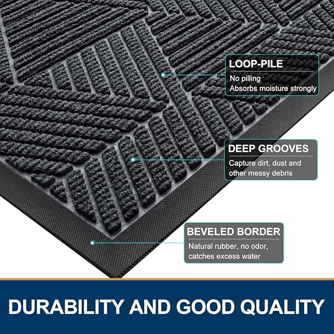 Smiry Front Door Mat Outside Entrance, Heavy Duty Sturdy Natural Rubber Doormat, Trap Dirt and Moisture, Easy Clean Low Profile Mats for Indoor Outdoor Entry, Irregular Triangle (29.5x17, Grey)