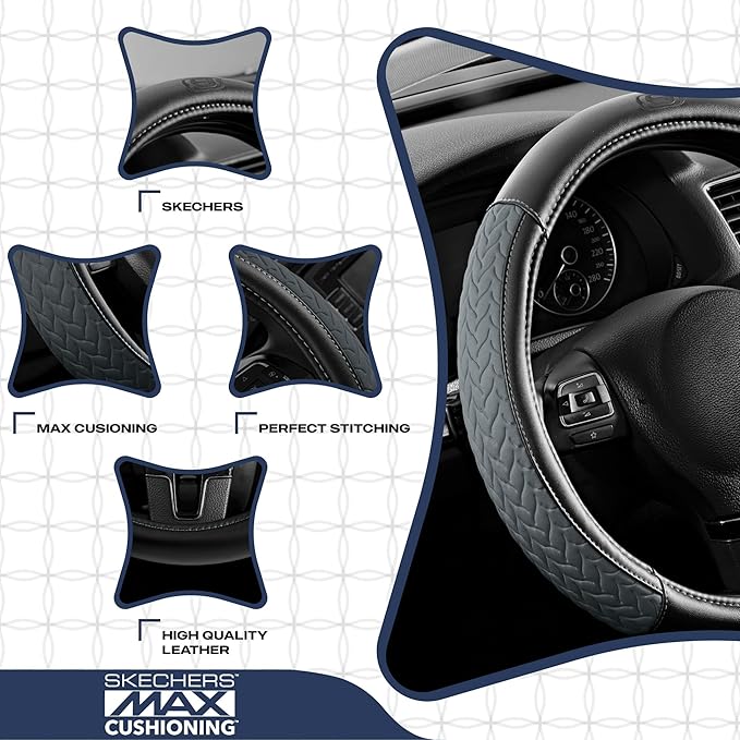 Skechers Steering Wheel Cover,Max Cushioning Leather Steering Wheel Cover Universal Fit 14" 1/2-15" Car Wheel Protector for Men Women Fit Suvs,Vans,Sedans,Car,Trucks,Gray