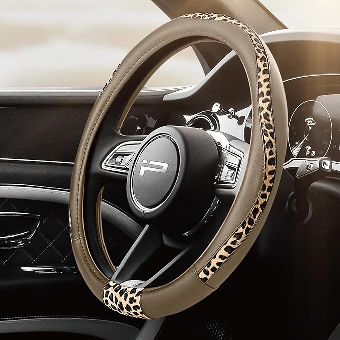 Road Comforts Steering Wheel Cover - Made with PVC Leather and Leopard Fabric - Universal 14 1/2 inches to 15 inches for Most Automotive Steering Wheel - Cheetah Print -Beige