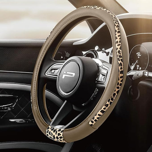 Road Comforts Steering Wheel Cover - Made with PVC Leather and Leopard Fabric - Universal 14 1/2 inches to 15 inches for Most Automotive Steering Wheel - Cheetah Print -Beige