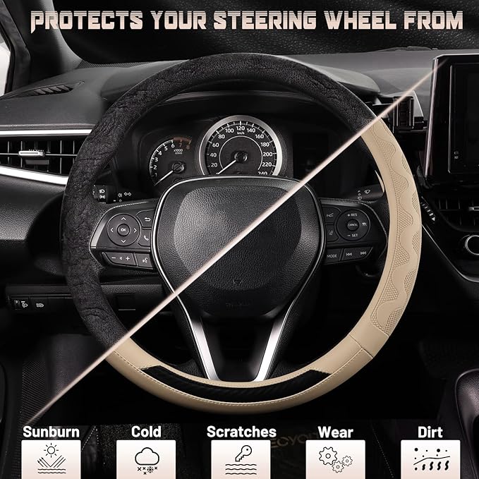 SEG Direct Car Steering Wheel Cover Medium Size 14 1/2"-15" Embossed Microfiber Leather with Carbon Fiber Pattern Beige