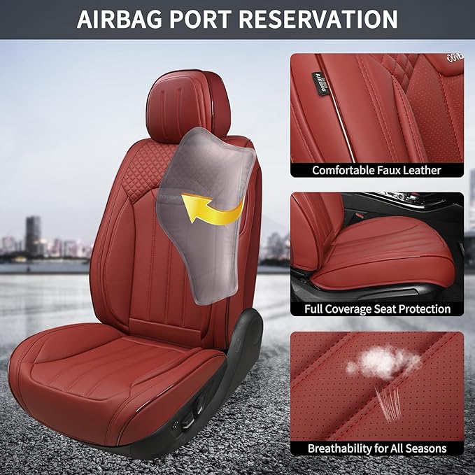 Red Car Seat Covers Full Set, Universal Leather Seat Cover for Cars 5 Seats, Waterproof and Breathable Automotive Seat Cover Front and Rear Seat Covers for Most Trucks, Sedans, SUVs