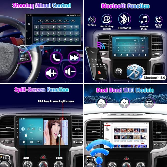 Radio for RAM 1500 2500 3500: 256G Car Stereo with Bluetooth AM FM Carplay Auto for Dodge Truck, 9" Aftermarket Touch Screen Android System Head Unit Replacement with Backup Camera FMAM GPS for Apple