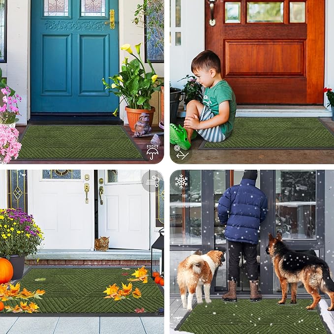 Smiry Front Door Mat Outside Entrance, Heavy Duty Sturdy Natural Rubber Doormat, Trap Dirt and Moisture, Easy Clean Low Profile Mats for Indoor Outdoor Entry, Irregular Triangle (36x24, FST-Green)