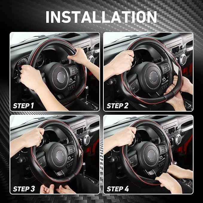 SEG Direct Car Steering Wheel Cover Large-Size for F150 F250 F350 Ram 4Runner Tacoma Tundra Range Rover with 15 1/2"-16" Outer Diameter Leather with Carbon Fiber Pattern Black and Red