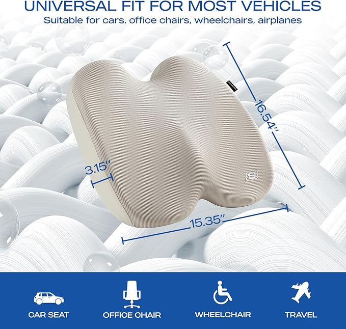 Skechers Memory Foam Seat Cushion,Ribbed Fabric Office Chair Cushion for Tailbone Pain Relief,Butt Pillow for Office Chair,Car Seat Cushion,Long Sitting Office Workers,and Car Drivers,Beige