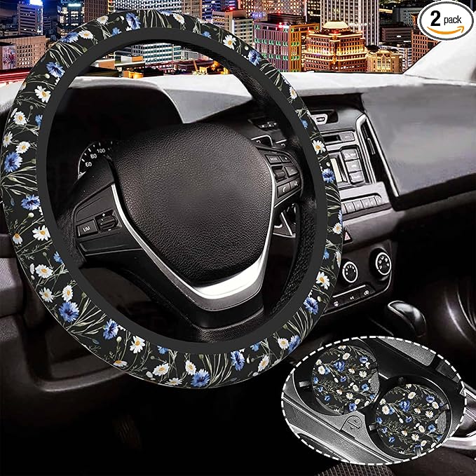 Watercolor Cornflower Daisy Floral Steering Wheel Cover for Women Men,Anti-Slip Breathable Car Steering Wheel Cover Elastic Protection with 2 Pieces Car Coasters,Universal 15" Fit Auto,Suvs,Truck
