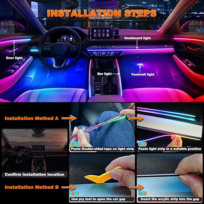 Acrylic LED Lights - Interior Car Ambient Lighting Kits with Dynamic Rainbow Dream Color Chasing, Music Sync (10 in 1(4*29.5+43.3+14.5 inches+4 Footwell Lights))