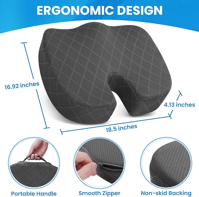 TushGuard Seat Cushion - for Office Chair, Car Seat, Airplane, Bleacher - Sciatica & Coccyx Pain Relief Desk Chair Cushion for Long Sitting Office Workers, Car Drivers(Grey, XX-Large)