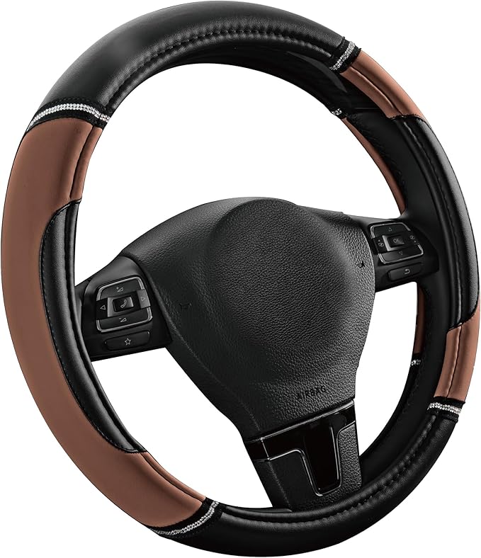 Road Comforts Leather Steering Wheel Cover - Made with PVC Leather - Anti-Slip, Universal Fit 14 1/2 inches to 15 inches - Brown