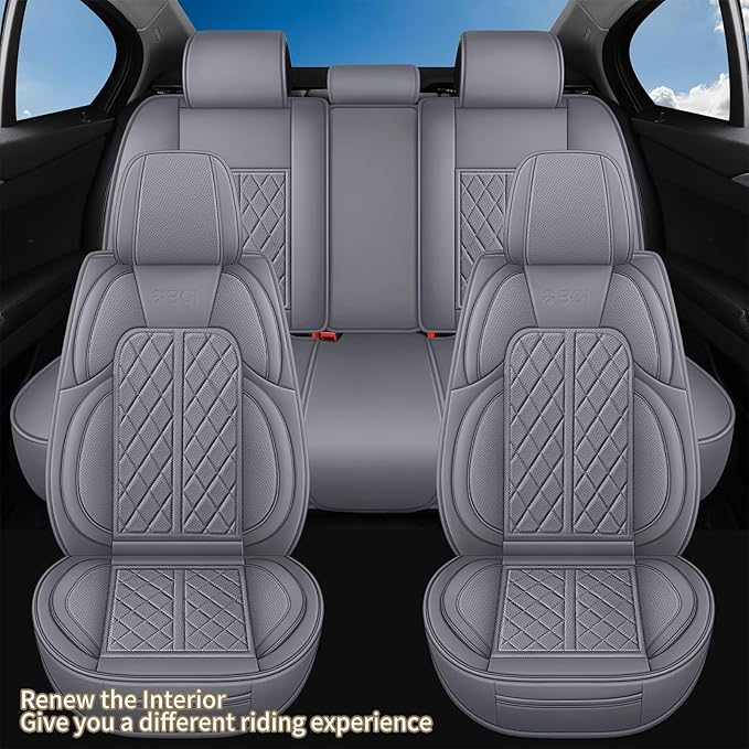 Leather Automotive Seat Covers Universal Fit for Cars, SUV, Sedans, Anti-Slip & Breathable (Grey, Full Set)