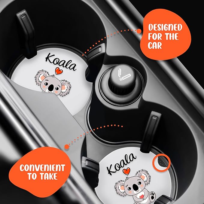 2 Pack Koala Car Cup Holder Coaster, Cute Car Interior Accessories Drink Coaster for Women & Men, Koala Lovers Themed Gifts Stuff Accessories Things Merchandise Items!